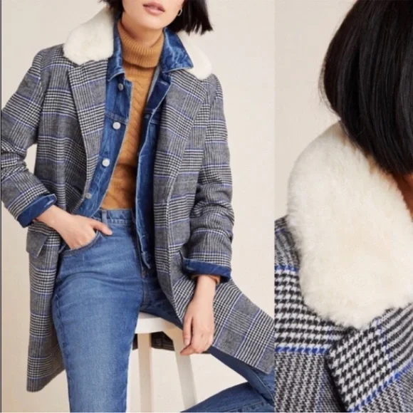 Levi's Amaya Wool Blend Fur Trimmed Collar Meteorite Plaid Pea Coat Size Small - Picture 2 of 16